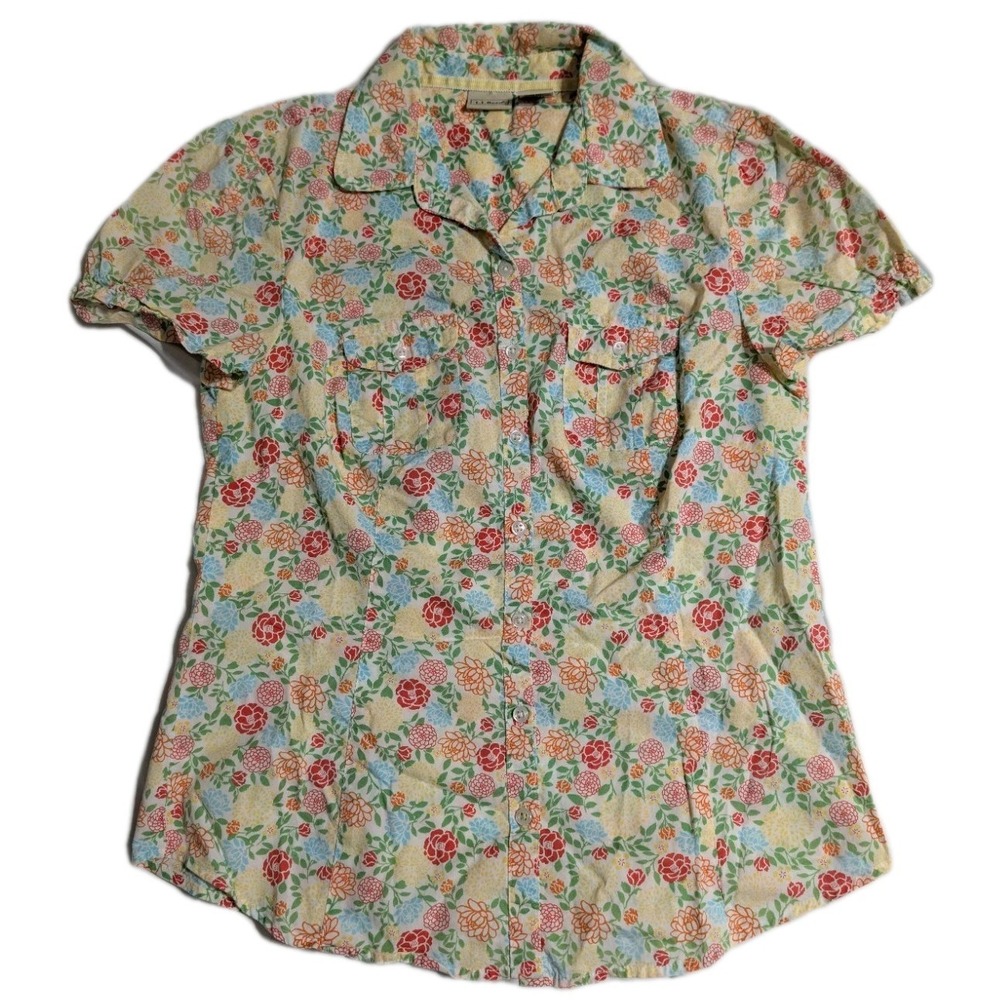 L.L. Bean Women's Floral Button Front Shirt XS Short Sleeve‎ Cotton